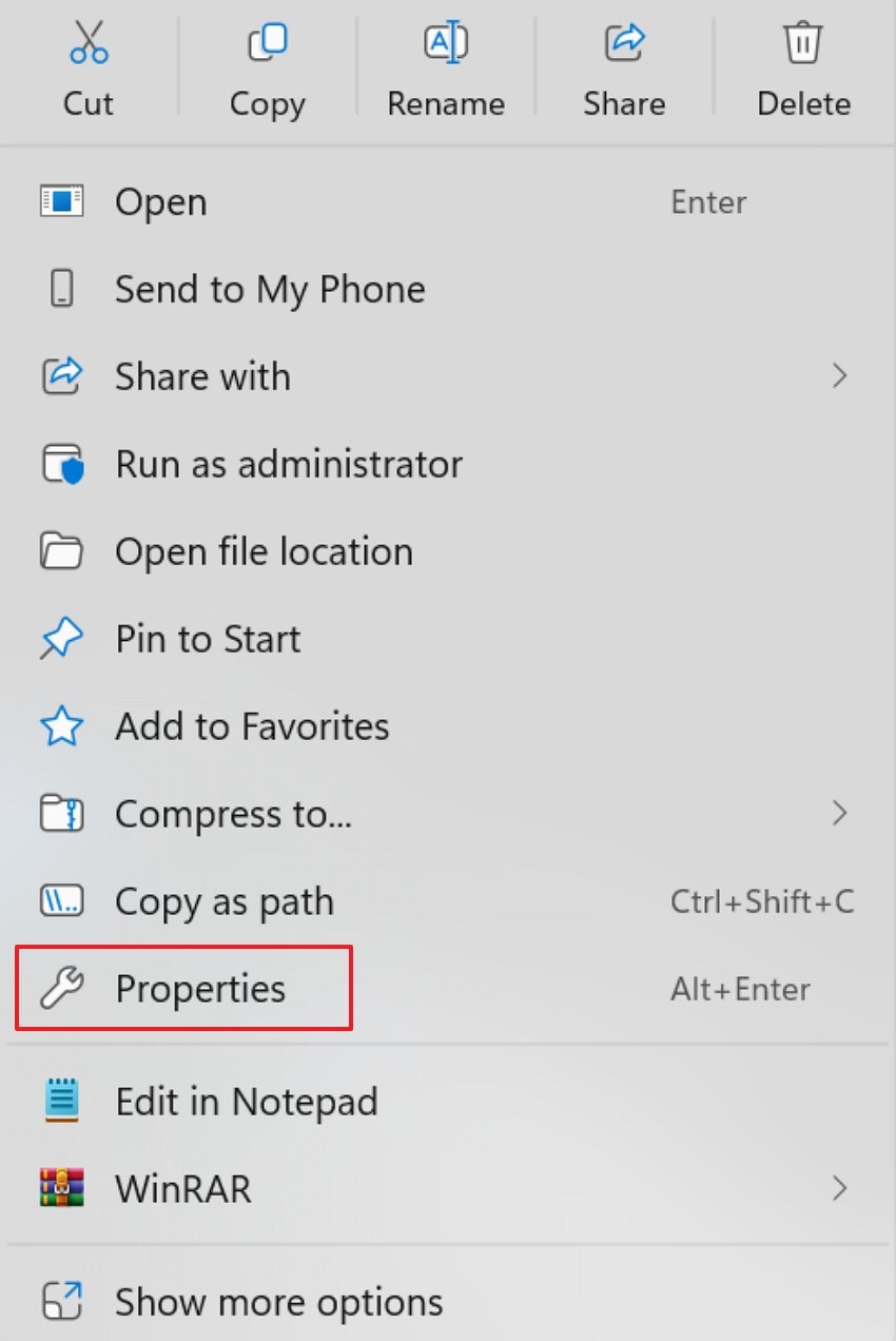 right click to choose properties