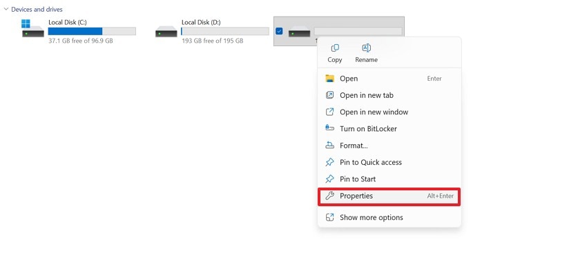 select properties option