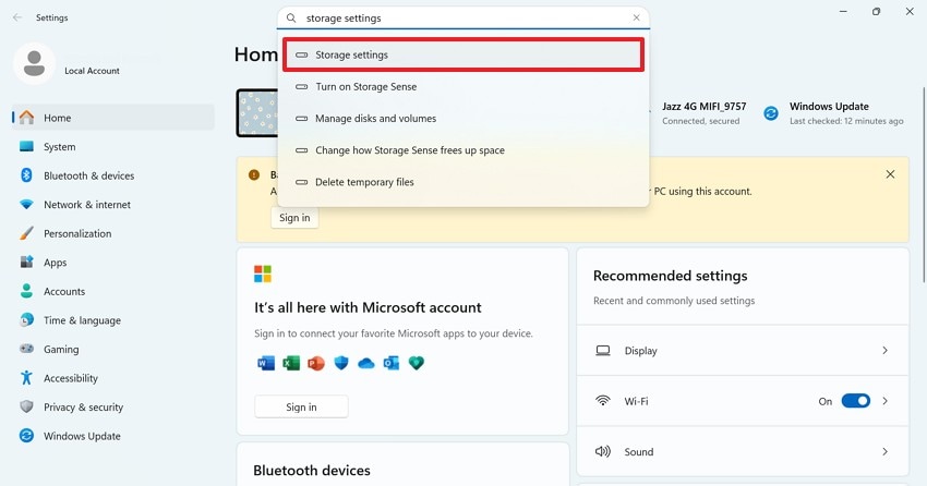 enter storage settings