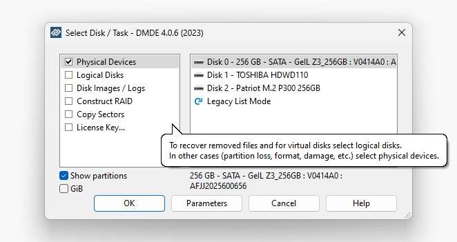 select a disk drive in dmde
