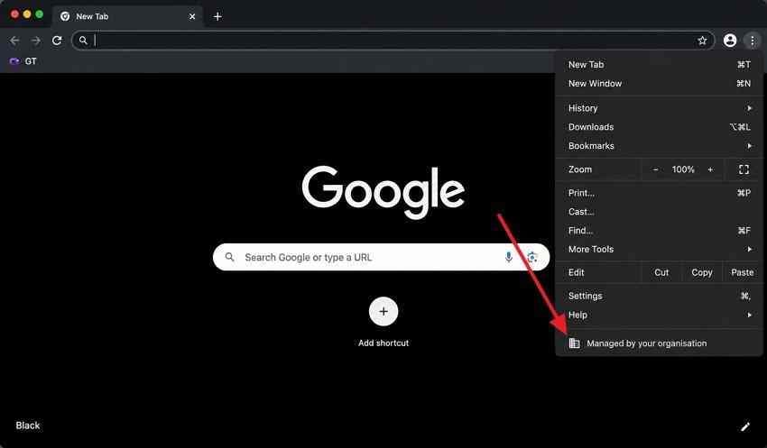 managed by your organization label in the chrome menu