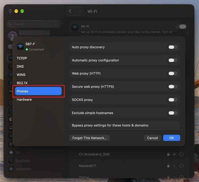 proxy configuration toggles in mac network settings