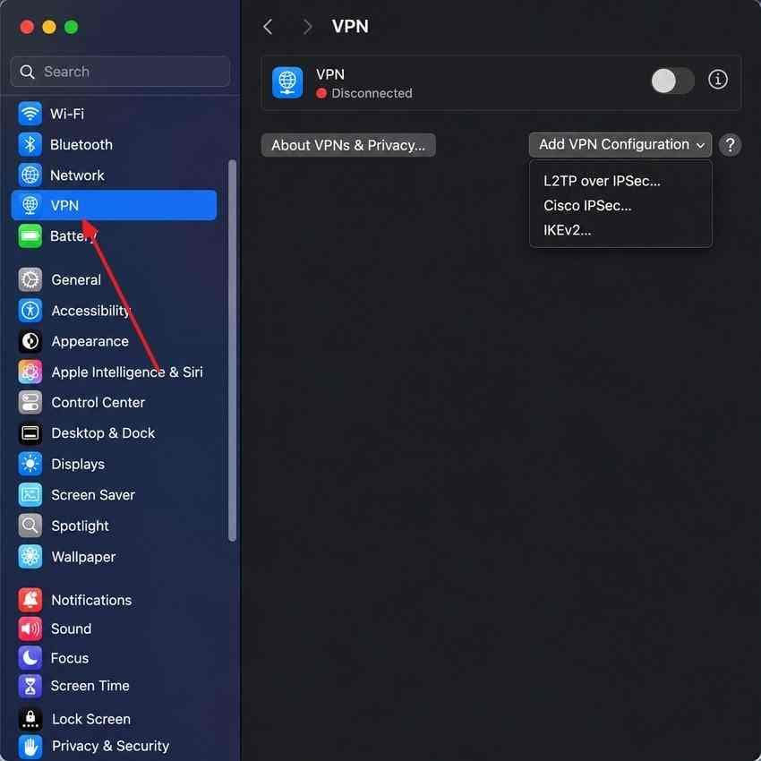 vpn connection status in mac system settings