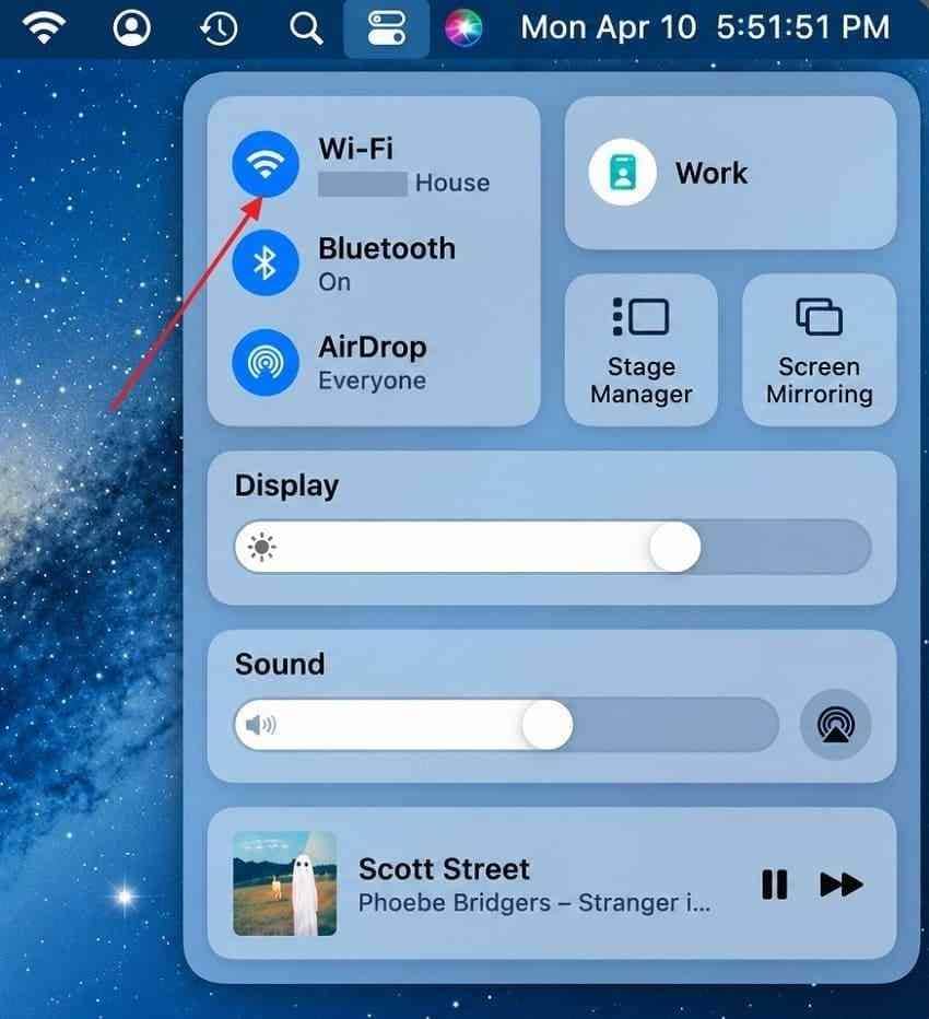 wifi switch in mac control center for connection testing