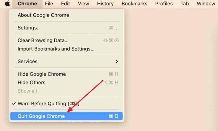 quit google chrome using the mac menu bar