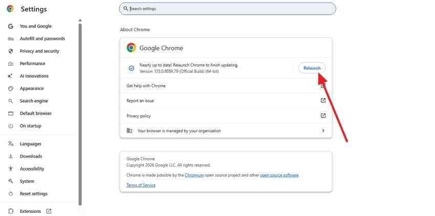 chrome update screen showing the relaunch control