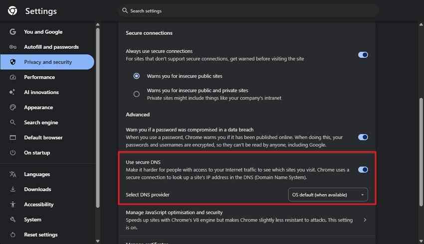 chrome secure dns provider choices in security settings