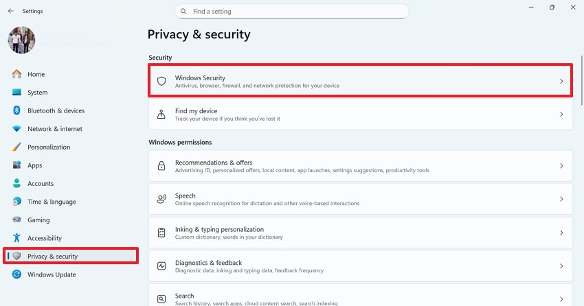 select windows security tab