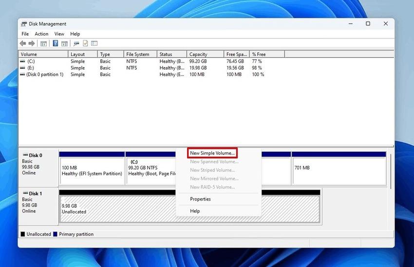 create a new simple volume to partition a drive without erasing data