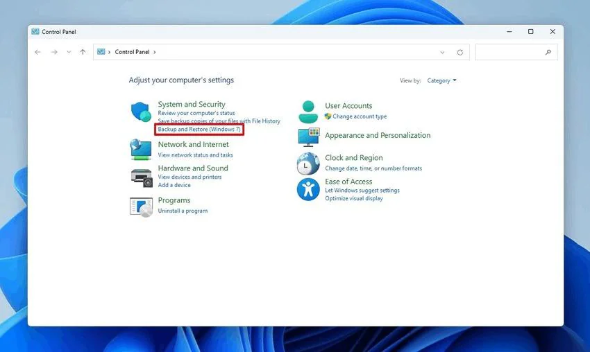 copia de seguridad y restauración de windows en el panel de control