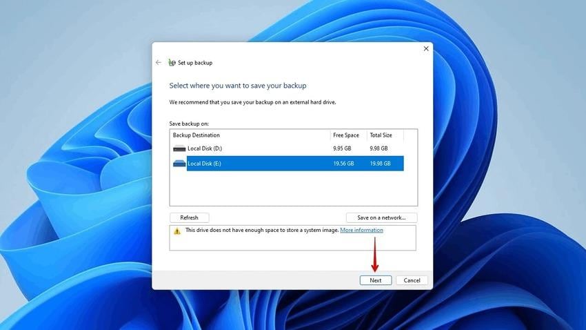 select a backup drive before partitioning