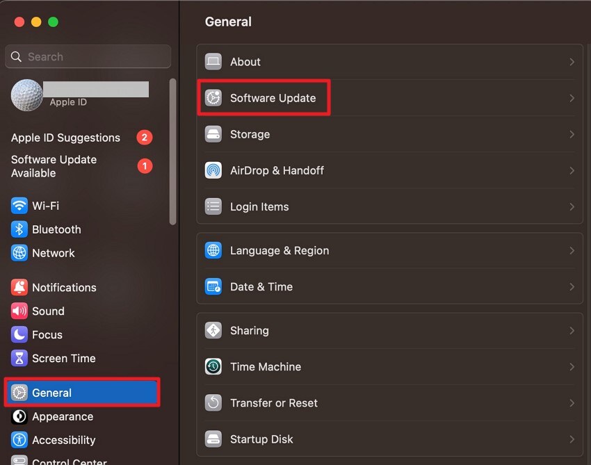 access system settings press software update