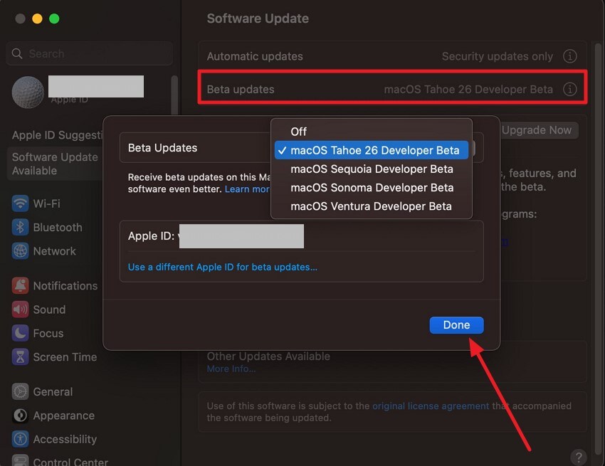 select beta update press done