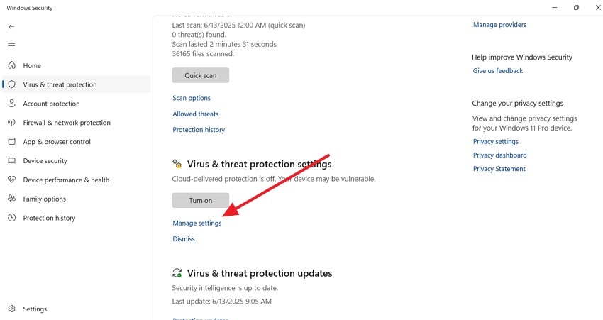 select manage settings option