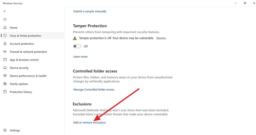 add or remove exclusions protection