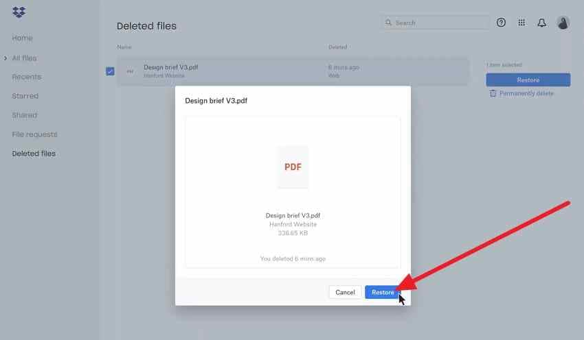 restore a selected deleted file in dropbox