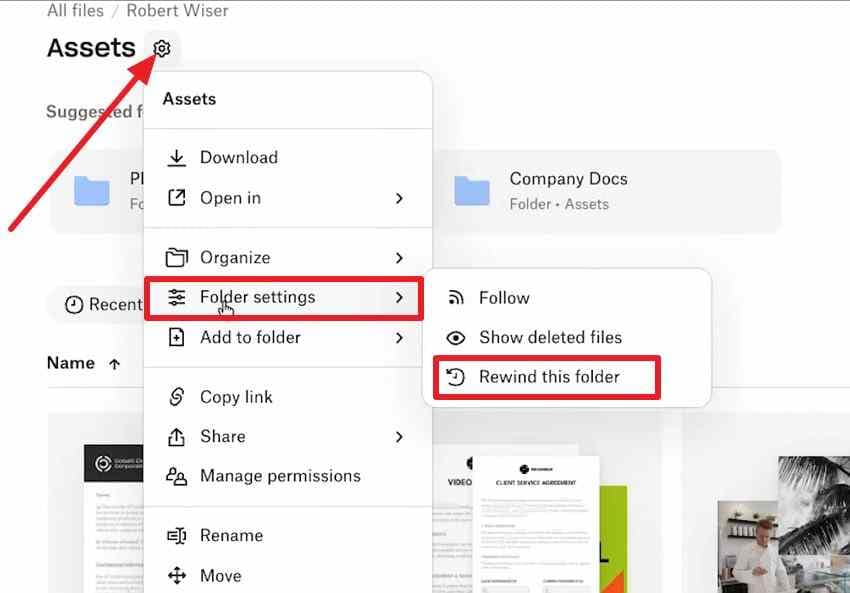 open the rewind this folder command in dropbox