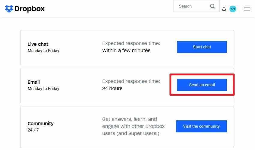 dropbox support page email contact option