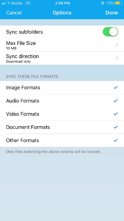 set filters for syncing