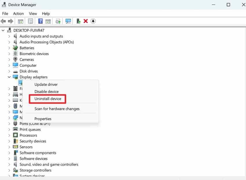 uninstall display driver in device manager