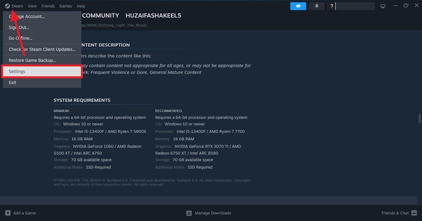 enter steam settings to clear cache