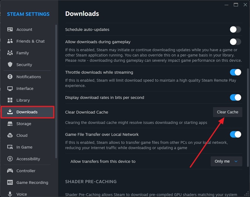 select downloads to clear cache