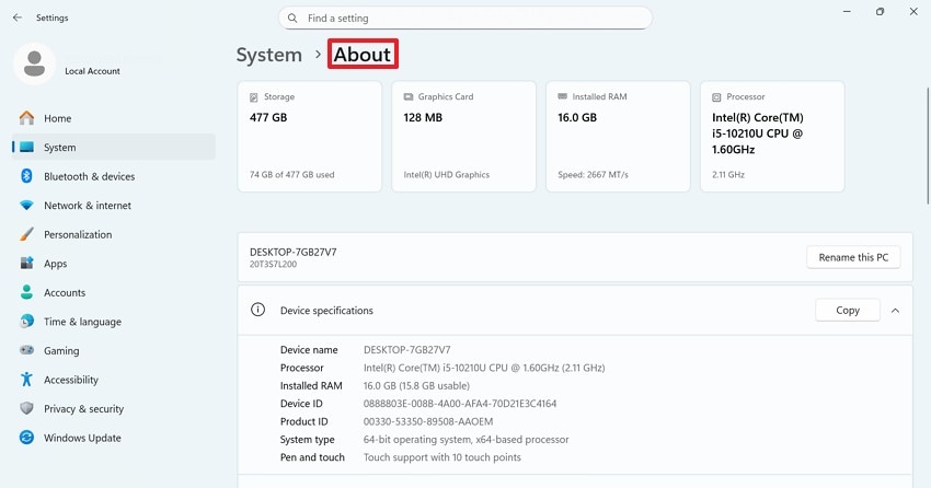 verify windows specifications