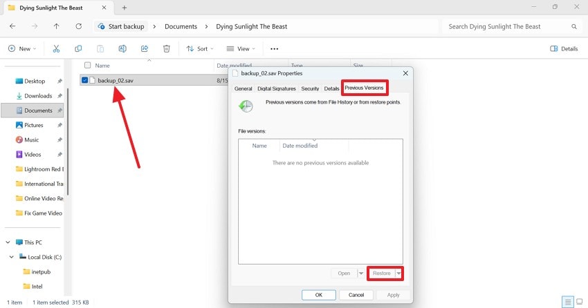 restore previous versions of save files