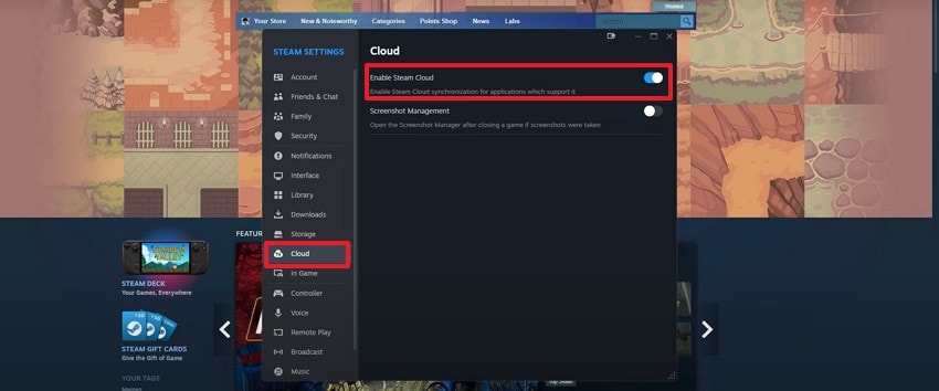 enable steam cloud