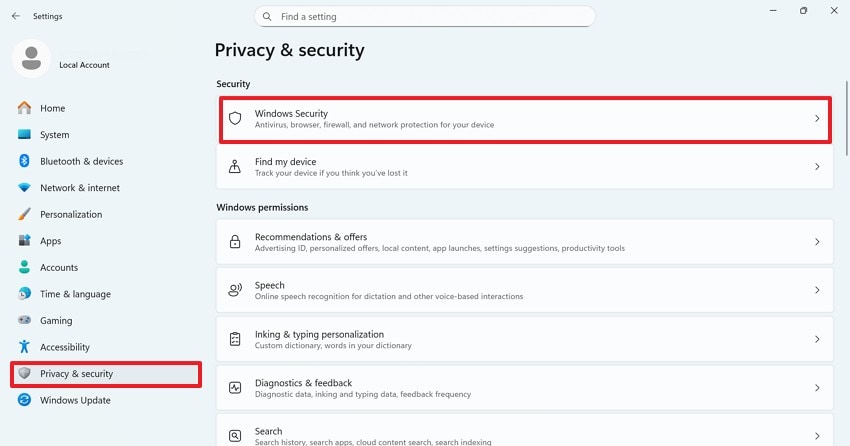 enter windows security tab
