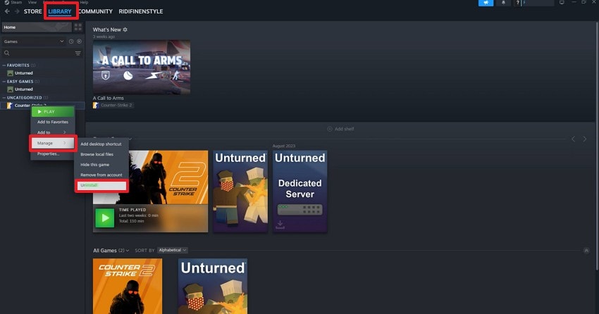 uninstall the game steam