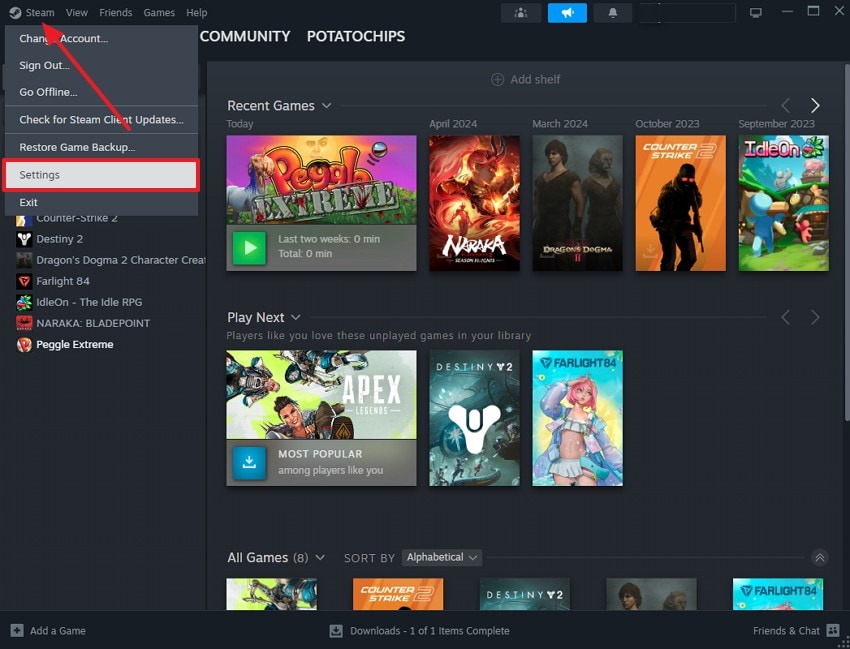 go to steam settings