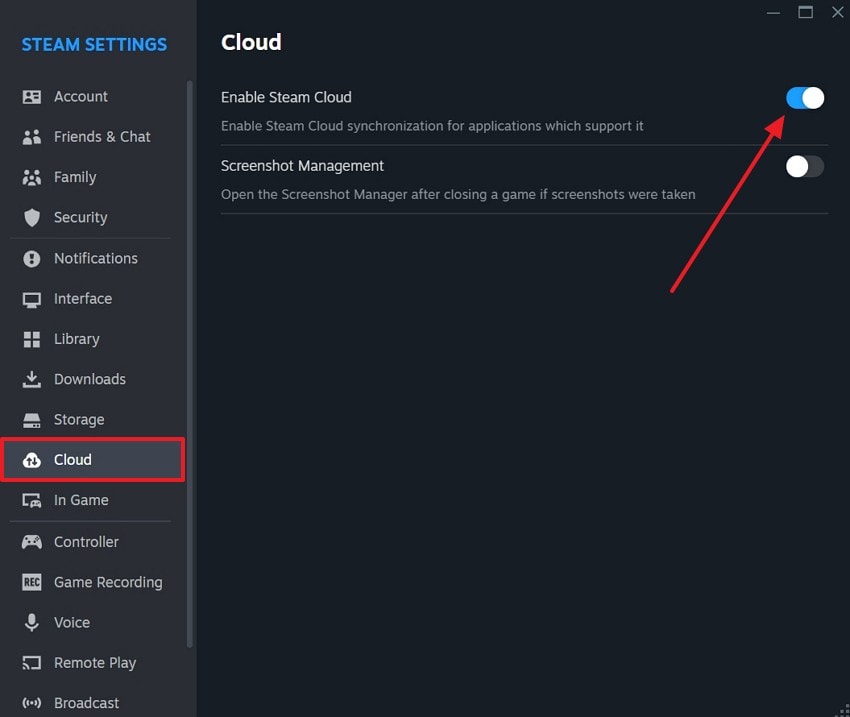 enable steam cloud feature