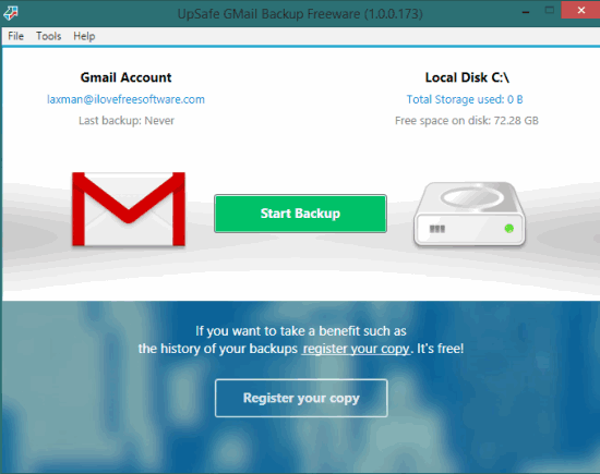 upsafe gmail backup software interface screenshot