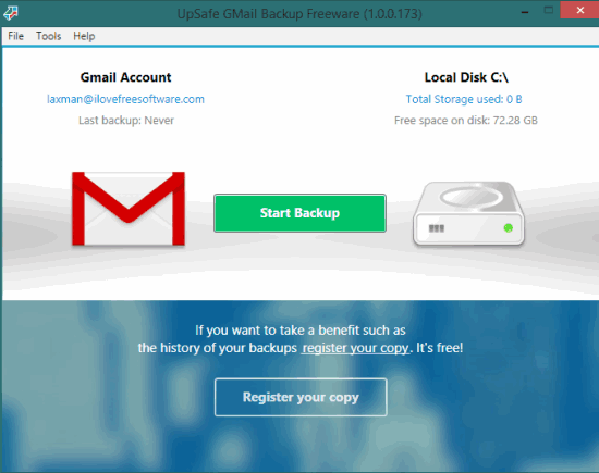 tangkapan layar antarmuka software upsafe gmail backup