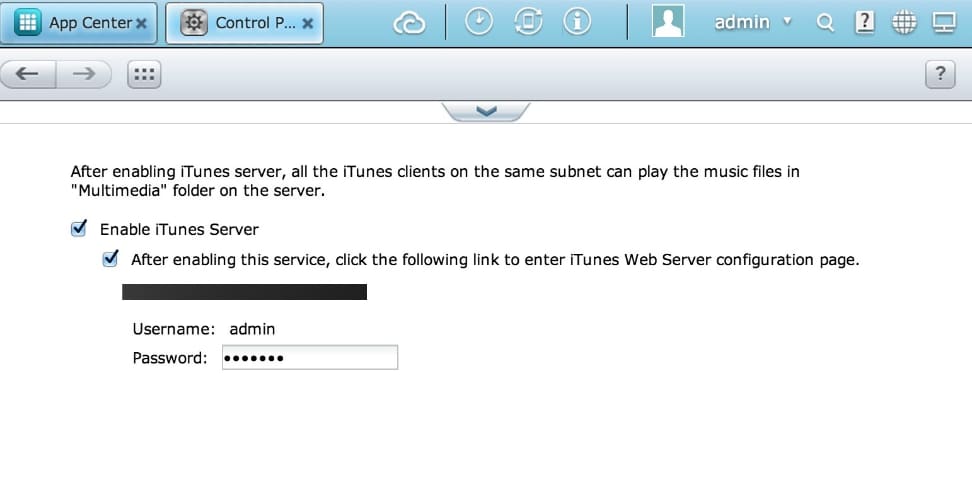 enable the itunes server via the control panel