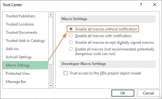 disattivare le macro senza notifica