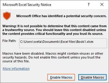 enable macros through the security notice