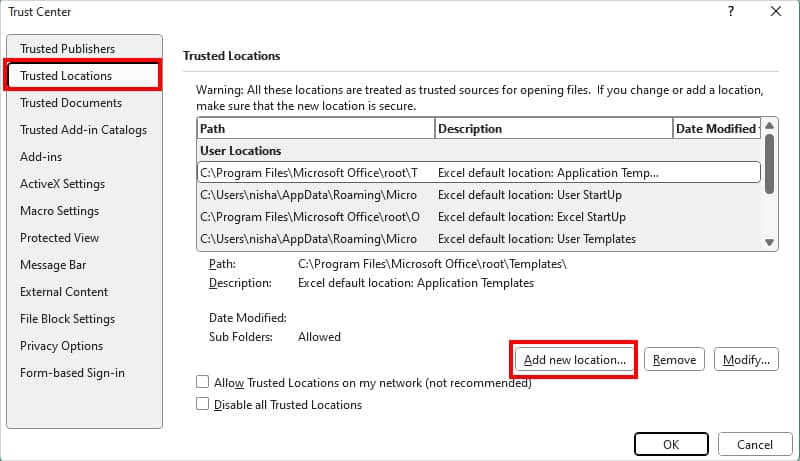 head to excel's trusted location settings