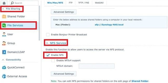 enable nfs on synology nas