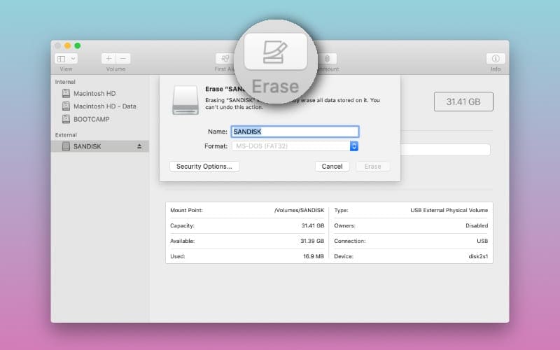 erase button in disk utility