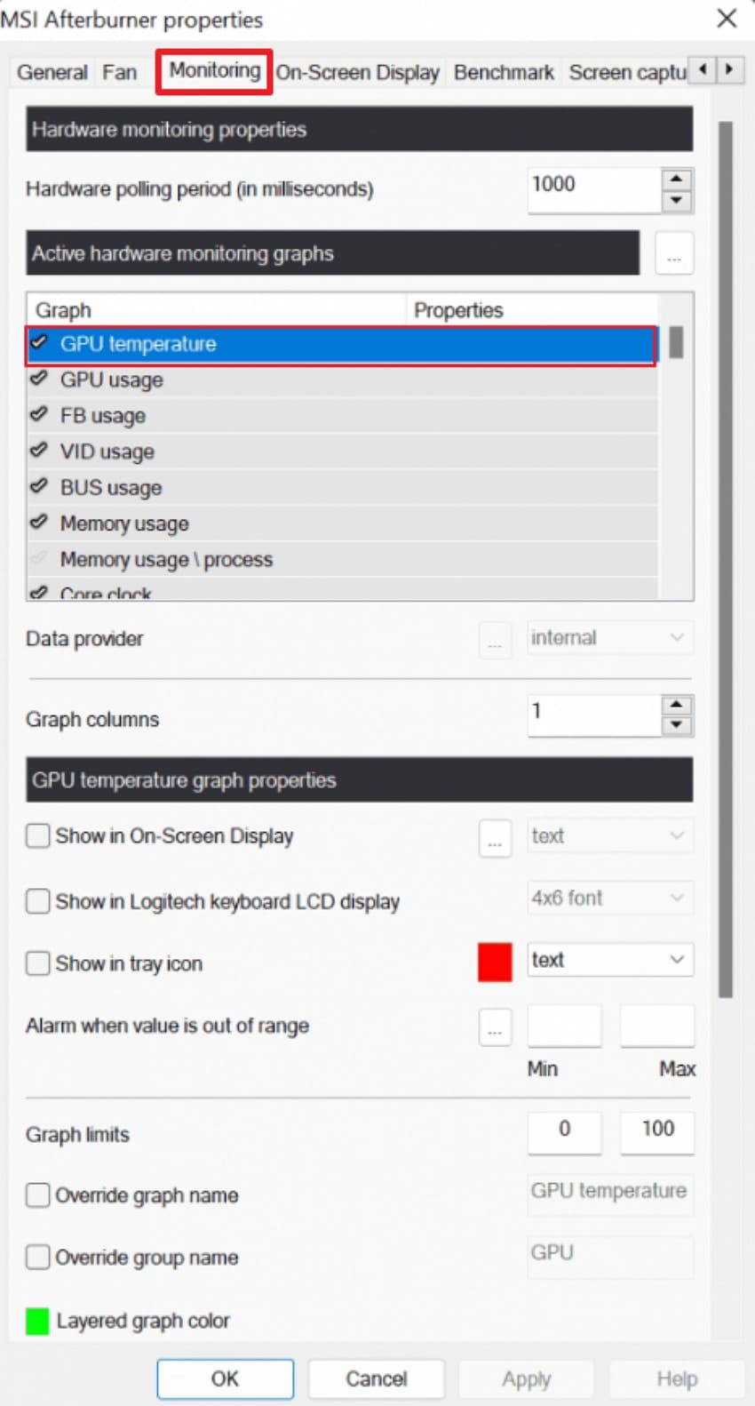 select gpu temperature under monitoring
