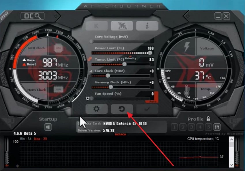 press reset icon in control panel