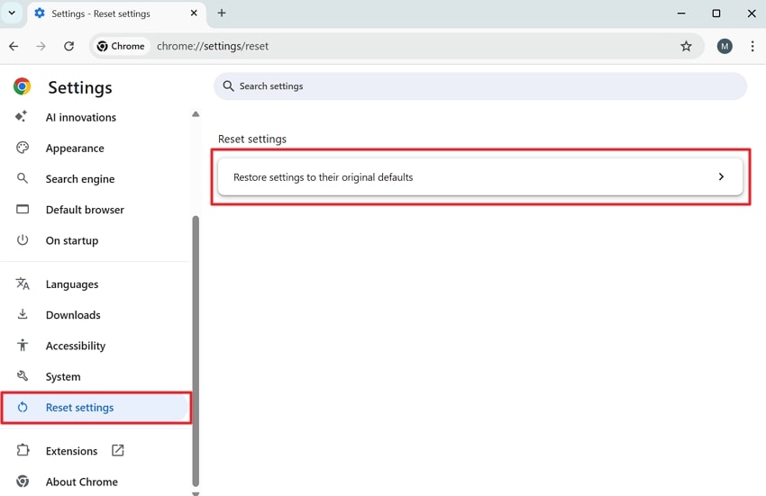 access google browser reset settings