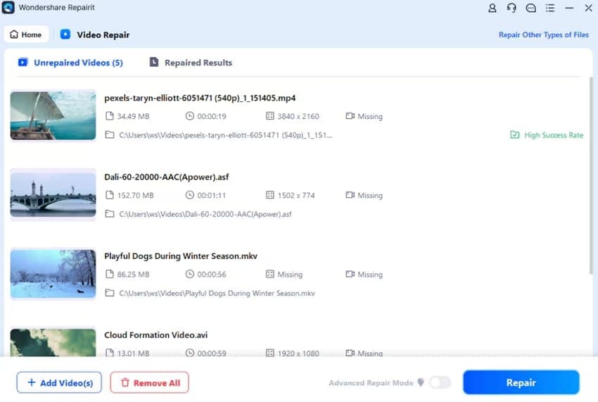 start repairing corrupted videos
