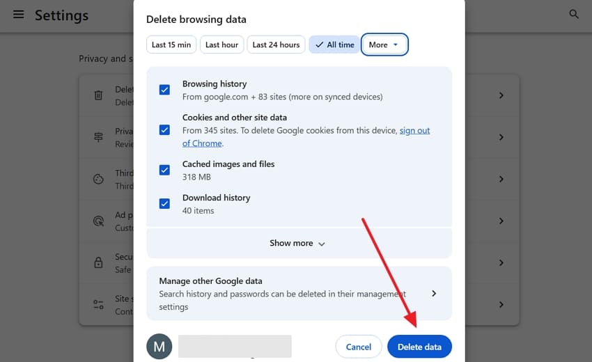 delete browsing data on google