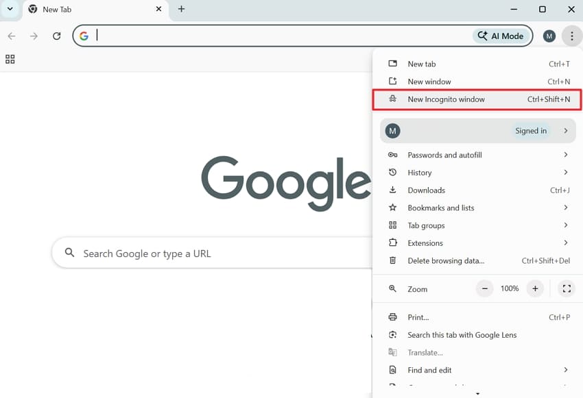 choose new incognito mode