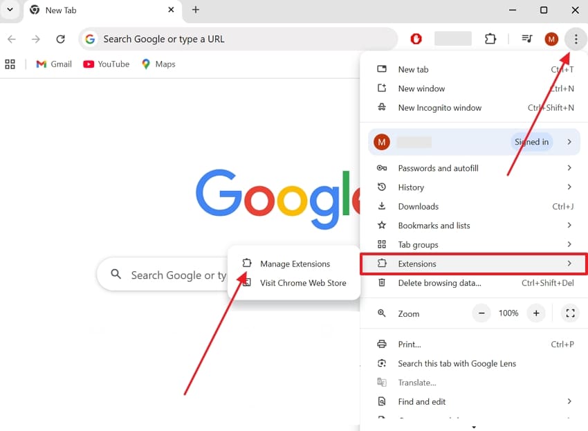 select chrome manage extensions settings