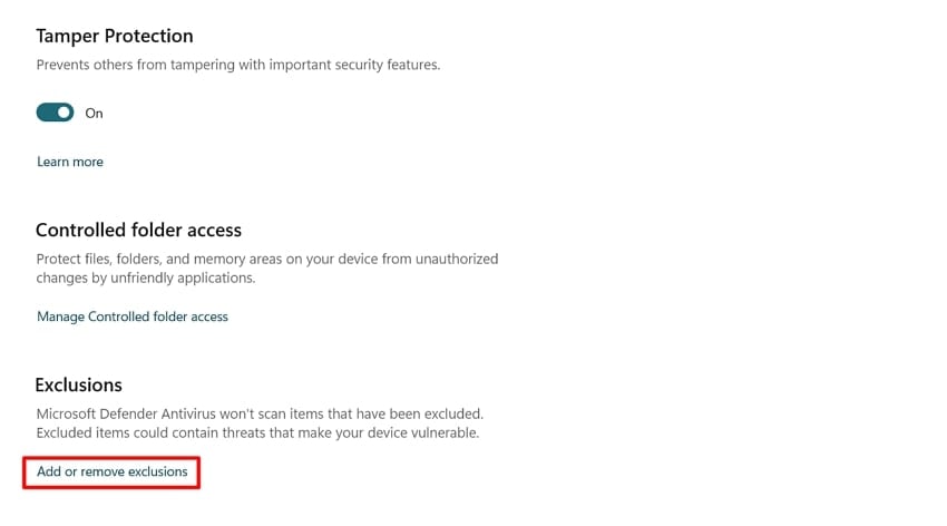 click add or remove exclusion