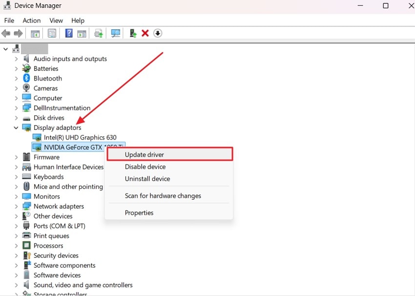 choose update driver after display adapter